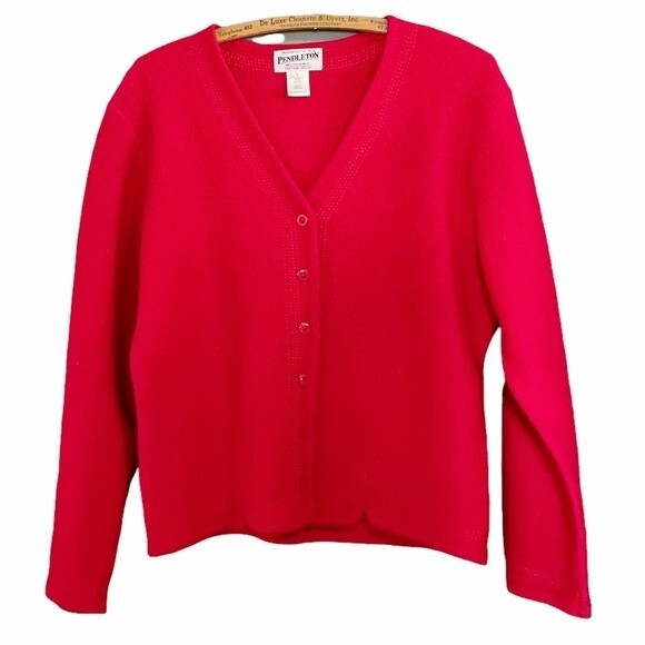 Pendleton Boiled Wool Cardigan Scalloped Hem Cherry Red Jacket Womens Size Large - Picture 1 of 8
